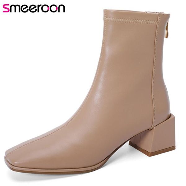 

smeeroon big size 42 genuine leather shoes women short boots zip autumn winter square heel casual shoes women ankle boots, Black
