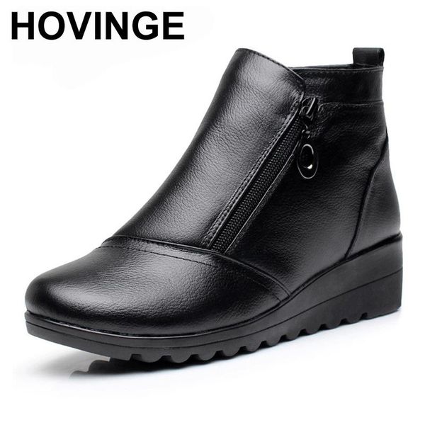 

hovinge genuine leather women side zipper comfortable wedges heel ankle boots fashion round toe keep warm winter shoes, Black