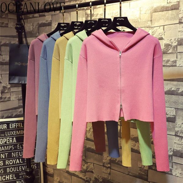 

women's knits & tees oceanlove hooded woman sweaters zipper solid short mujer chaqueta candy color korean ins fashion cardigans 18859, White