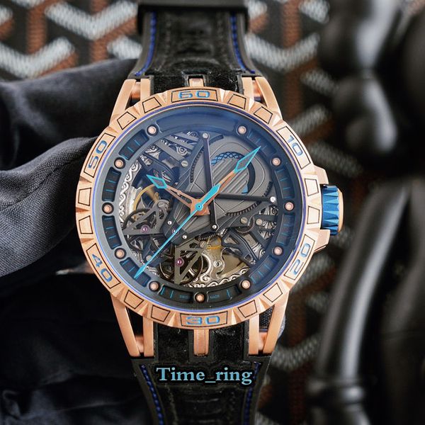 

high version excalibur rddbex0624 skeleton dial rose gold steel case automatic mechanical movement mens watch leather strap designer watches, Slivery;brown