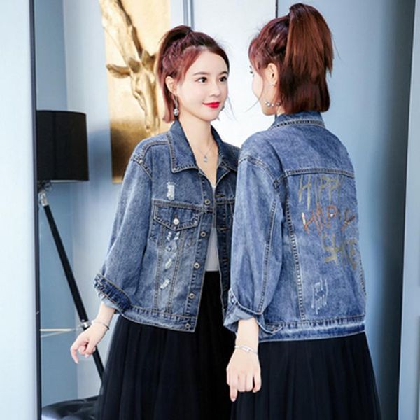 

women's jackets 2021 women basic coats autumn denim jacket fashion sequins letters long sleeve loose jeans coat winter casual girls out, Black;brown