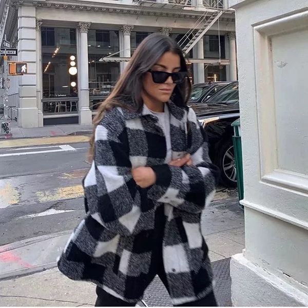

2021 new vintage women elegant plaid jackets winter fashion ladies patchwork coats female thick woolen jacket girls oversize outfit, Black