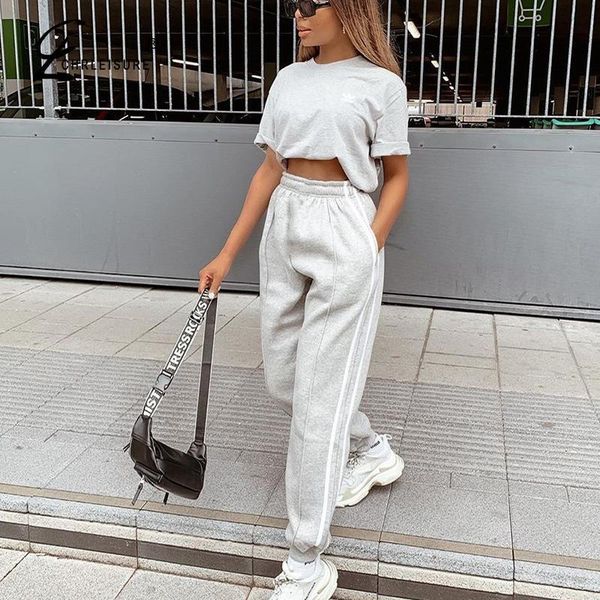 

casual grey trousers women loose side striped autumn pants high waist pantalones workout joggers women t200422, Black;white