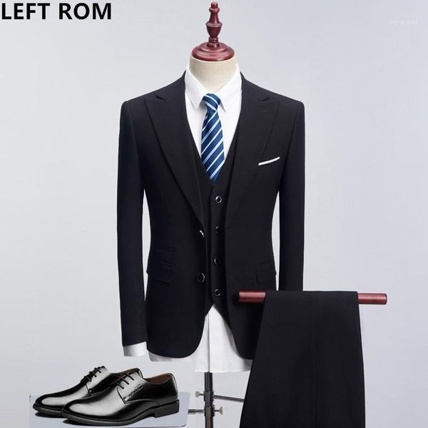 

left rom 2021 male brand solid color men long sleeve senior/wedding /dress/man business affairs suit jacket+vest+trousers s-4xl1, White;black