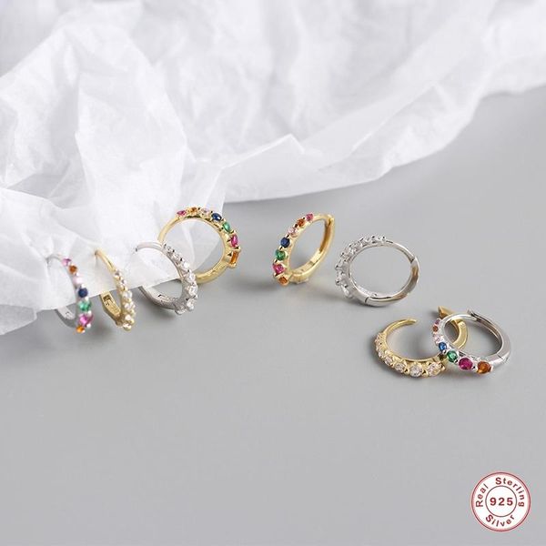 

hoop & huggie solid 925 sterling silver rainbow zircon earrings for woman party engagement bling pendientes earring jewelry accessories, Golden;silver