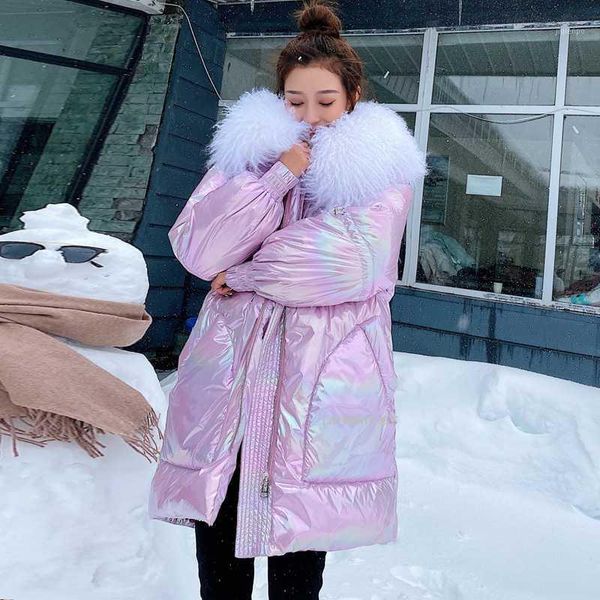 

women's down & parkas fashion winter women's long glossy big real fur collar silver jackets hooded coat thick jacket women outwear, Black