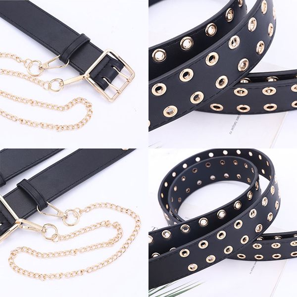 

punk style waistband adjustable alloy pin buckle belt double grommet hole belts rock black white wide waist with chain, Black;brown
