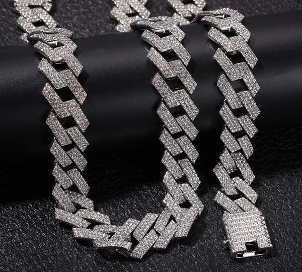 

the bling king 20mm miami prong cuban chain ne+ba 3 row full iced out rhinestones necklace & bracelet mens hiphop jewelry set11, Silver
