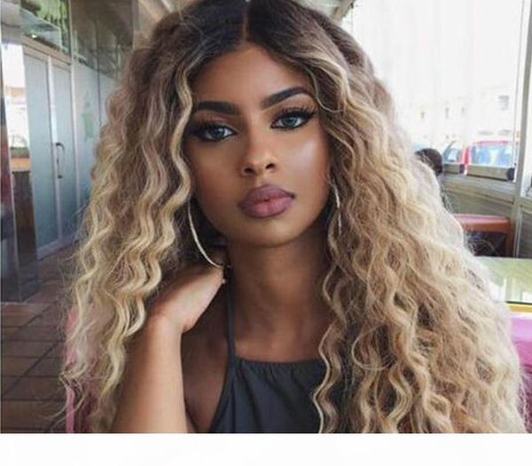 

lace front wigs deep wave middle part ombre blonde brown 9 colors available 30 inches lace front synthetic wigs for women bella, Black;brown