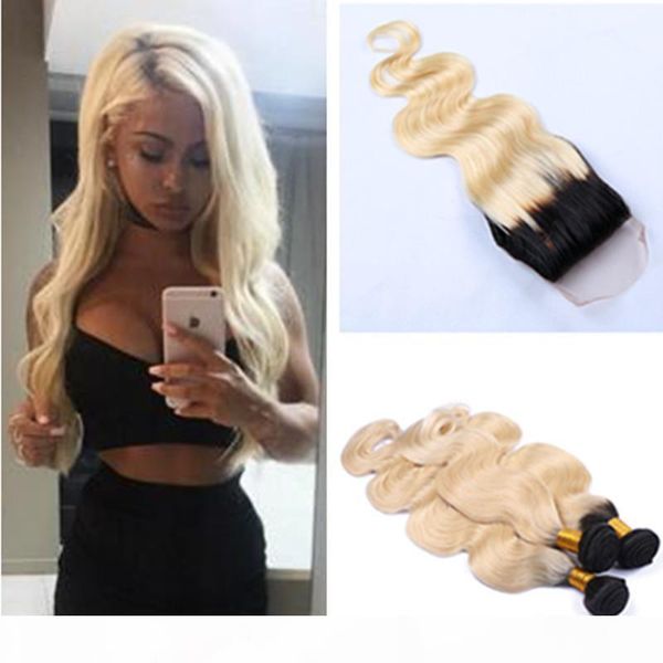 

two tone 1b 613 ombre brazilian virgin human hair weaves with closure body wave blonde ombre lace closure with 3 bundles bleach knots, Black;brown