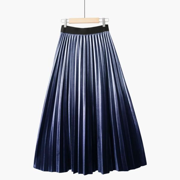 

autumn and winter fashion gradient gold velvet skirt high waist retro pleated solid color mid-length skirt pleated women, Black