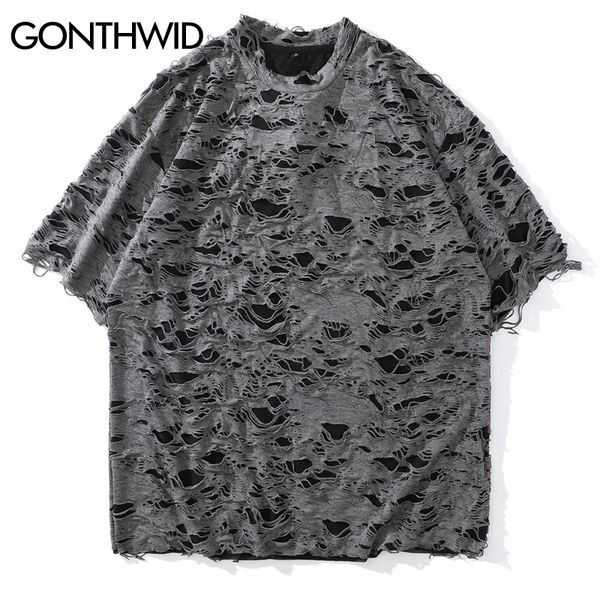 

distressed destroyed ripped holes tshirts streetwear hip hop hipster punk rock gothic tees shirts men summer, White;black