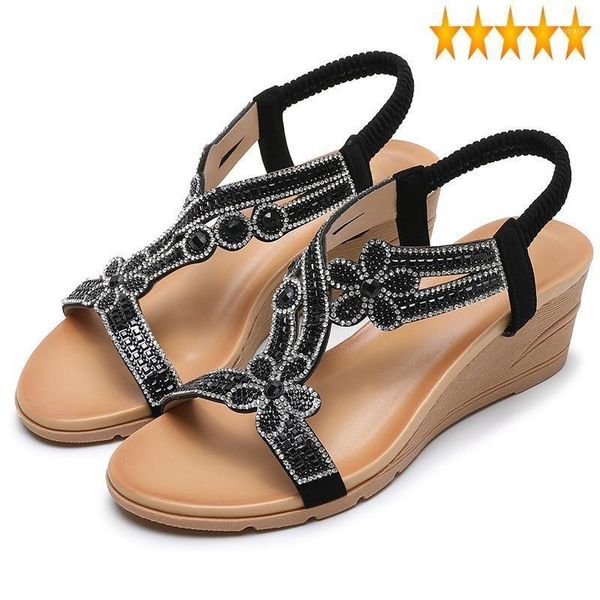 

sandals 2021 summer women wedge bohemia rhinestones flower chunky shoes plus size street peep toe rome female1, Black