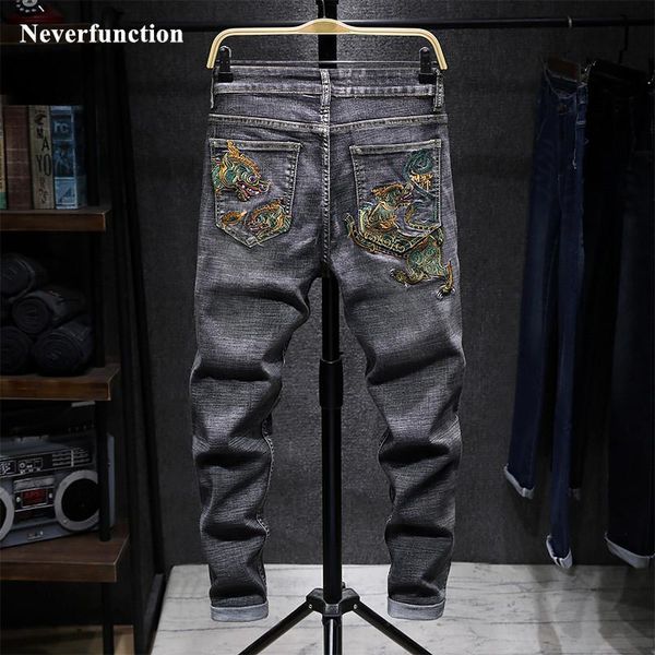 

men streetwear hip hop japanese chinese wind dragon embroidery slim fit straight jeans trousers man motorcycle biker denim pants, Blue