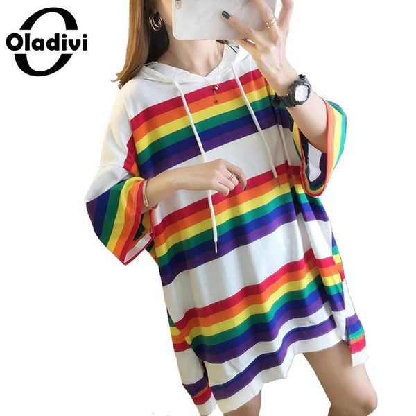 

oladivi plus size women fashion striped cotton hooded t-shirt ladies casual loose tee shirt summer tunic tshirts 6xl 5xl 4xl, White