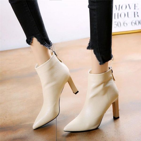 

boots cresfimix botas femininas female fashion beige pointed toe pu leather high heel ankle women classic winter a64791, Black