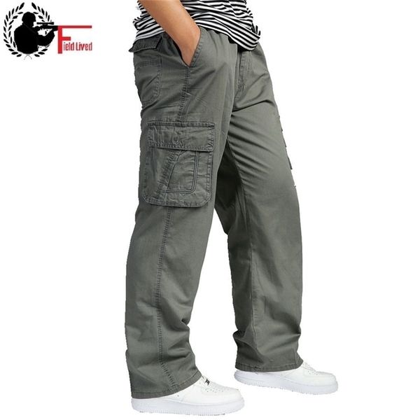 

summer men's high waist pant elastic plus size clothing 6xl cargo pant men many pockets loose work pants male straight trousers 201109, Black