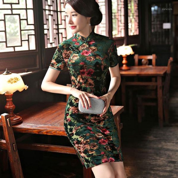 

charming chinese women autumn winter velour cheongsam dress cheongsams dresses for women lady qipao short party wear1, Red