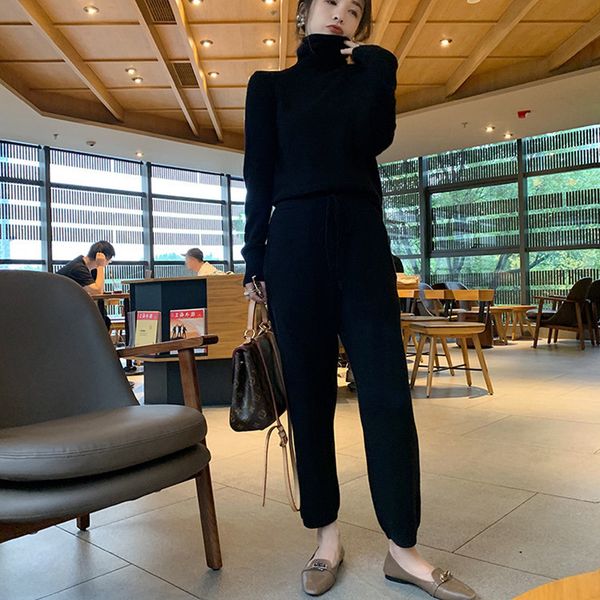 

2021 new elegant female ensembles of two solid pieces knitted collar pullovers waist ankle length leg long winter pants xp5j, Gray