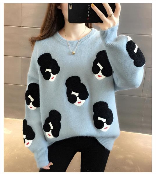 

2020 autumn winter women fashion girl cartoon pattern o neck knitted sweater loose female pullovers warm school ladies, White;black