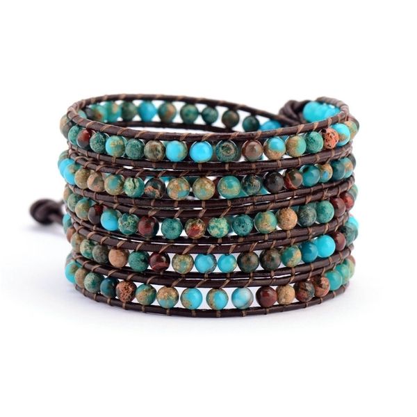 

boho natural stone leather wrap bracelet semi precious stone beaded weaving bracelet women leather rope jewelry dropship y200730, Black