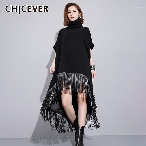 

chicever black dress for women turtleneck short sleeve patchwork tassel asymmetric hem oversized dresses female 2020 fall style1