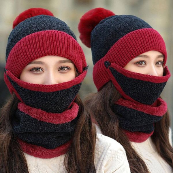 

новая мода hat женщины наборы 3 вязать skullies шляпах с биб маска женский зимний бархат толстый теплый вязаный шерстяной шапки велоспорт, Blue;gray