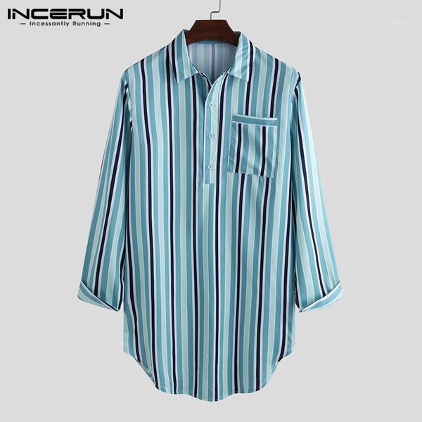 

incerun fashion striped shirt men long sleeve turn-down collar loose 2020 brand casual shirts homewear streetwear mens pullovers1, White;black
