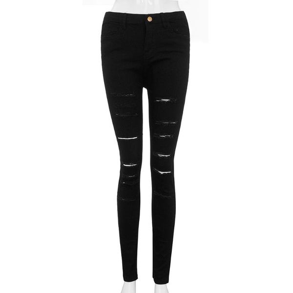 

women's 2021 new fashional casual solid colour holes pockets excoriation mid-waisted elastic slim pencil jeans stretchy jeggings, Blue