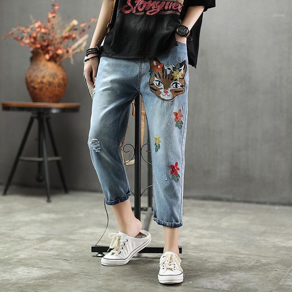 

summer jeans women retro slim-type casual denim pants new ladies elastic waist embroidery kitten pocket hole trousers1, Blue