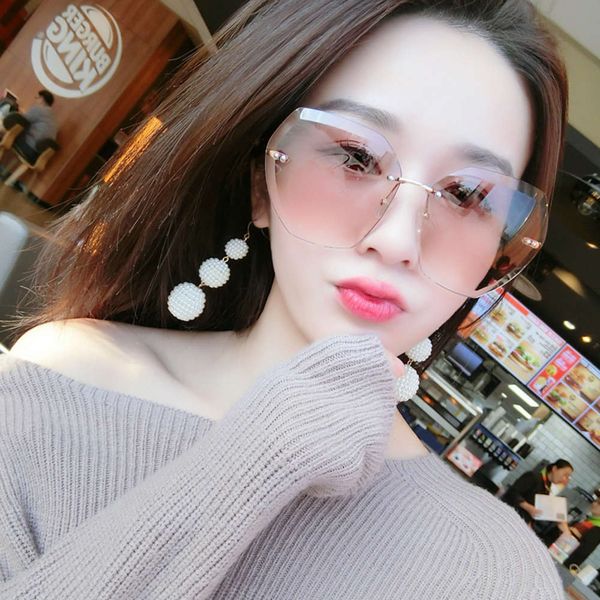 

frameless polygonal crystal trimming myopia sunglasses women's gradient large frame sunglasses can be equipped with power glasses, White;black