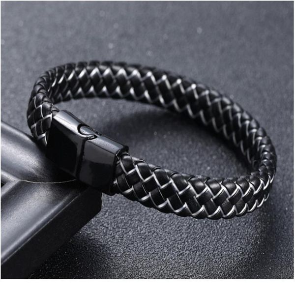 

new men jewelry punk black blue braided leather bracelet for men stainless steel magnetic clasp fashion bangl bbytfb, Golden;silver