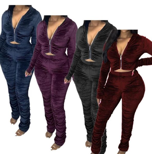 

women pleated tracksuit two piece outfits fashion zipper hoodie hooded jacket coat crop and pants legging tights clothing set f92911, White