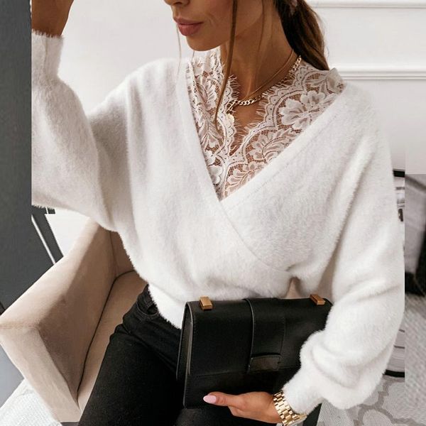 

spring autumn flannel sweaters women fashion elegant lace v-neck pullover loose long sleeve plus size knitted white, White;black
