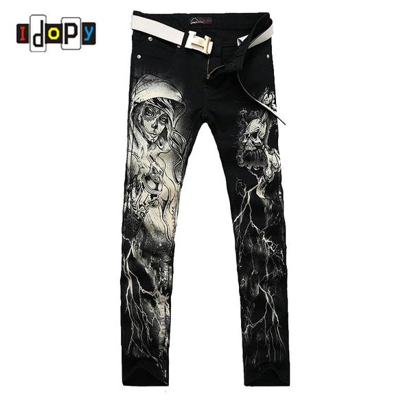 

new 2021 men`s printed jeans punk style gothic painted cotton straight leg cool jeans for young men, Blue