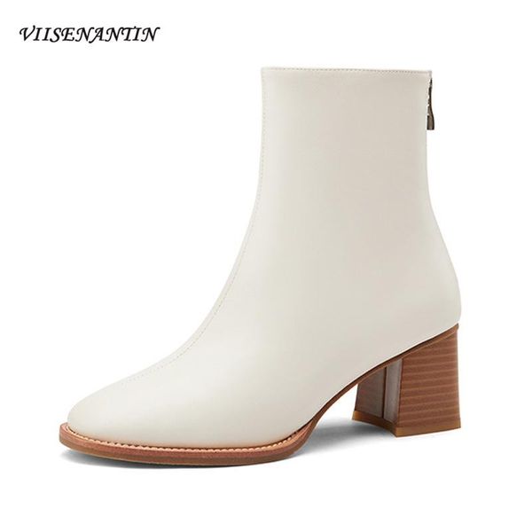 

wood grain thick heel beige spring and autumn single boots high heel short boots women round head leather simple fashion, Black
