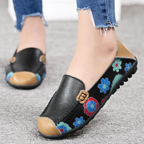

woman flower loafers women female shallow shoes ladies slip on women's round toe footwear 2020 print sweet flats drop shipping, Black