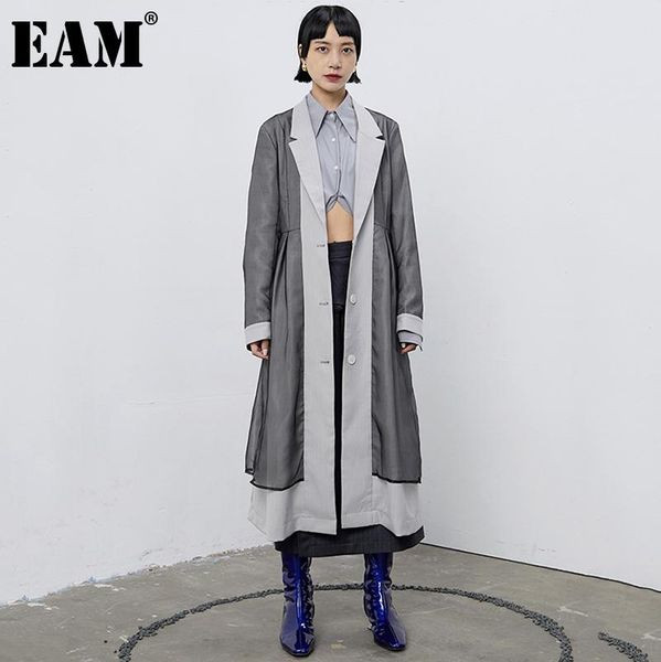 

eam] women gray mesh split big size long trench new lapel long sleeve loose fit windbreaker fashion spring autumn 2020 1db116, Tan;black