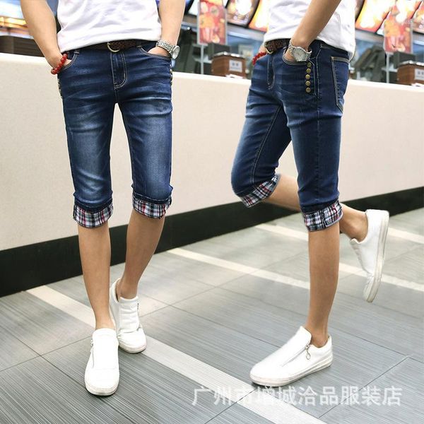 

2020 summer men jeans shorts korean version of stretch denim shorts men slim thin cuffs straight jeans wholesale1, Blue
