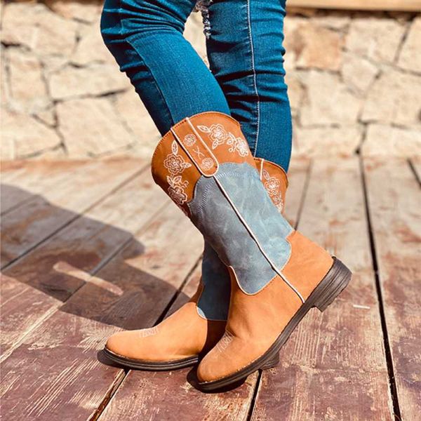 

embroidery new winter shoes women boots cowboy western retro ankle boots woman heel cowgirl 2020 fashion shoes, Black