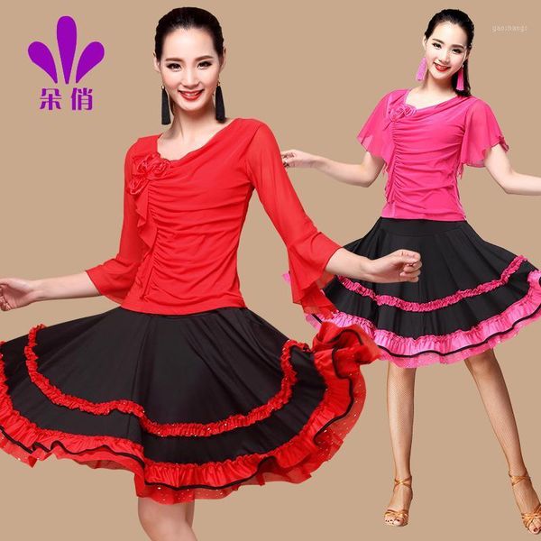 

lady square suit 2pcs one set women rumba samba dancing shirt skirt female dance suit skirt long sleeve slim promotion b-42891, Black;red