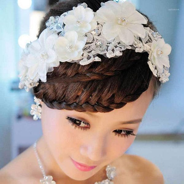

forseven white color lace simulated pearl crystal flower headband headpiece women bride noiva wedding hair jewelry accessories1, Golden;silver