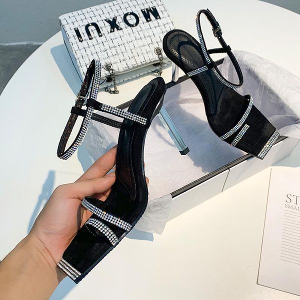 

crystal square toe women sandals gladiator ankle strap lady summer shoes woman thin high heels sandalias femmes designer zapatos1, Black