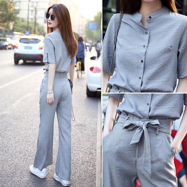 

2 piece set suit woman 2020 summer fashion temperament leisure time shirt collocation high waist wide leg pants sets for women1, White