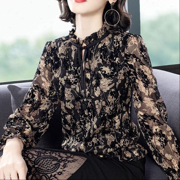 

spring chiffon shirt women long sleeve floral printed large size elegant ladies fashion summer blouse and shirt, White