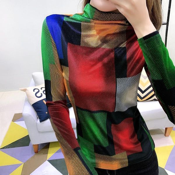 

gold velvet women's european station fashion high-neck western-style self-cultivation style contrast printing long-sleeve1, White