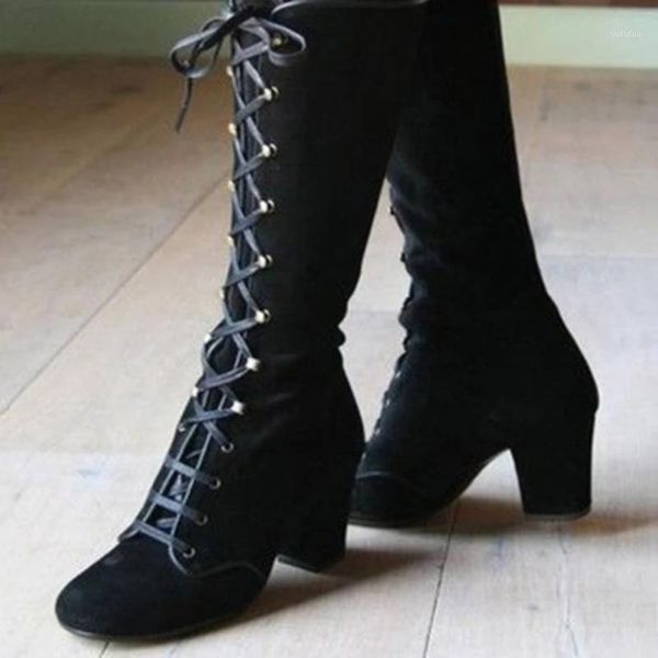 

winter boots women mid-calf boots casual vintage retro lace up thick heels shoes fashion winter woots women ladys warm shoes new1, Black
