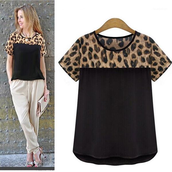 

linen t-shirt leopard print round collar short sleeve summer women plus size pacthwork casual loose women chiffon t-shirts1, White