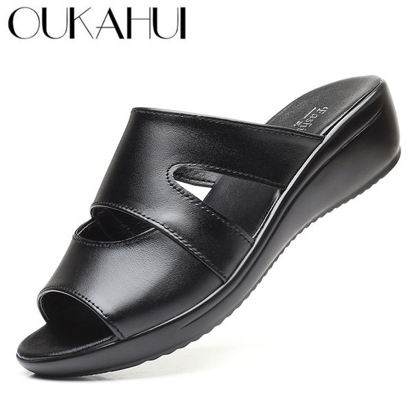 

oukahui size 35-43 summer genuine leather flip flop woman sandals shoes solid color outdoor wedge heel 3.5cm open toe slippers x1020, Black