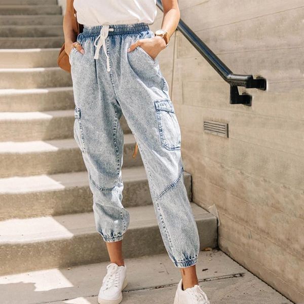 

washed denim denim loose pants fashion women casual retro harem pants boyfriend mom jeans plus size women elastic waist big jean, Blue